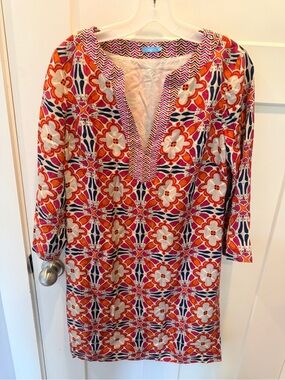 J. McLaughlin 100% Silk Shift Dress Small Pink Orange Geometric Resort Tunic